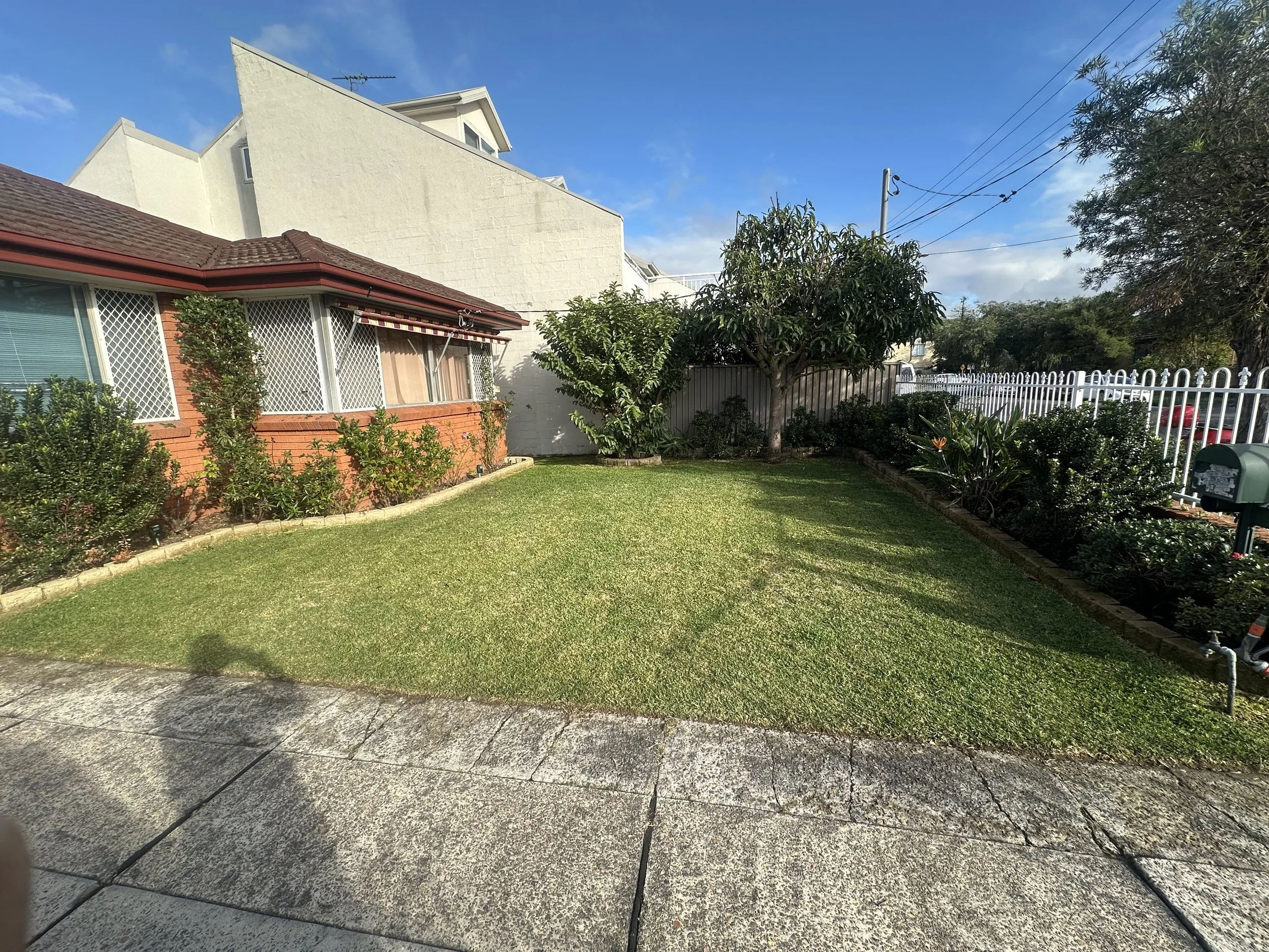 A backyard with a green lawn, trees, shrubs, a white fence, and a house with a red brick exterior and white window screens under a blue sky with some clouds.