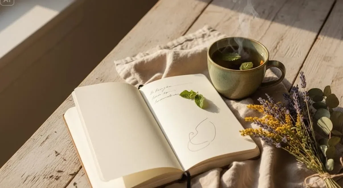 journal open book with cup of tea exploring experiential and immersive writing journeys