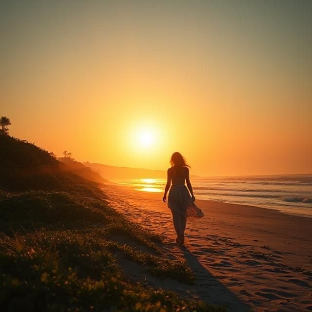 A woman walking on the beach during sunset, with the sun low on the horizon casting a warm orange glow over the water and sky.