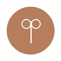 A minimalist icon of eyeglasses and a nose on a brown circular background.
