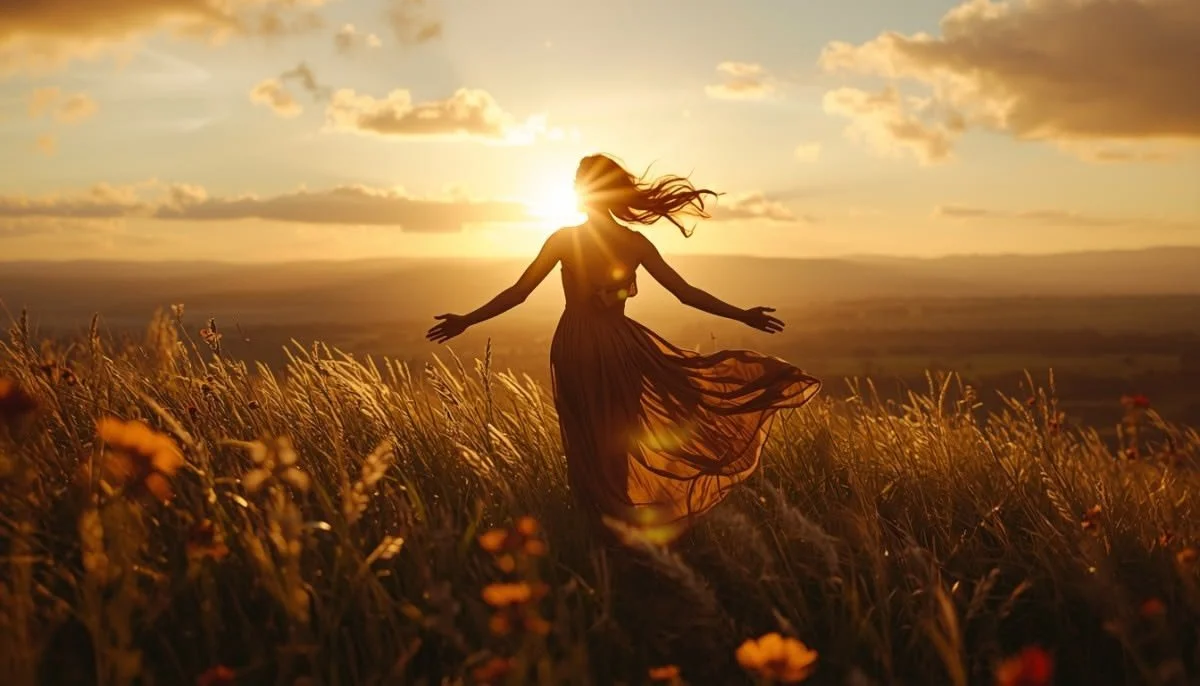 A woman in a flowing dress standing in a field of tall grass during sunset, with her arms outstretched and her hair blowing in the wind.