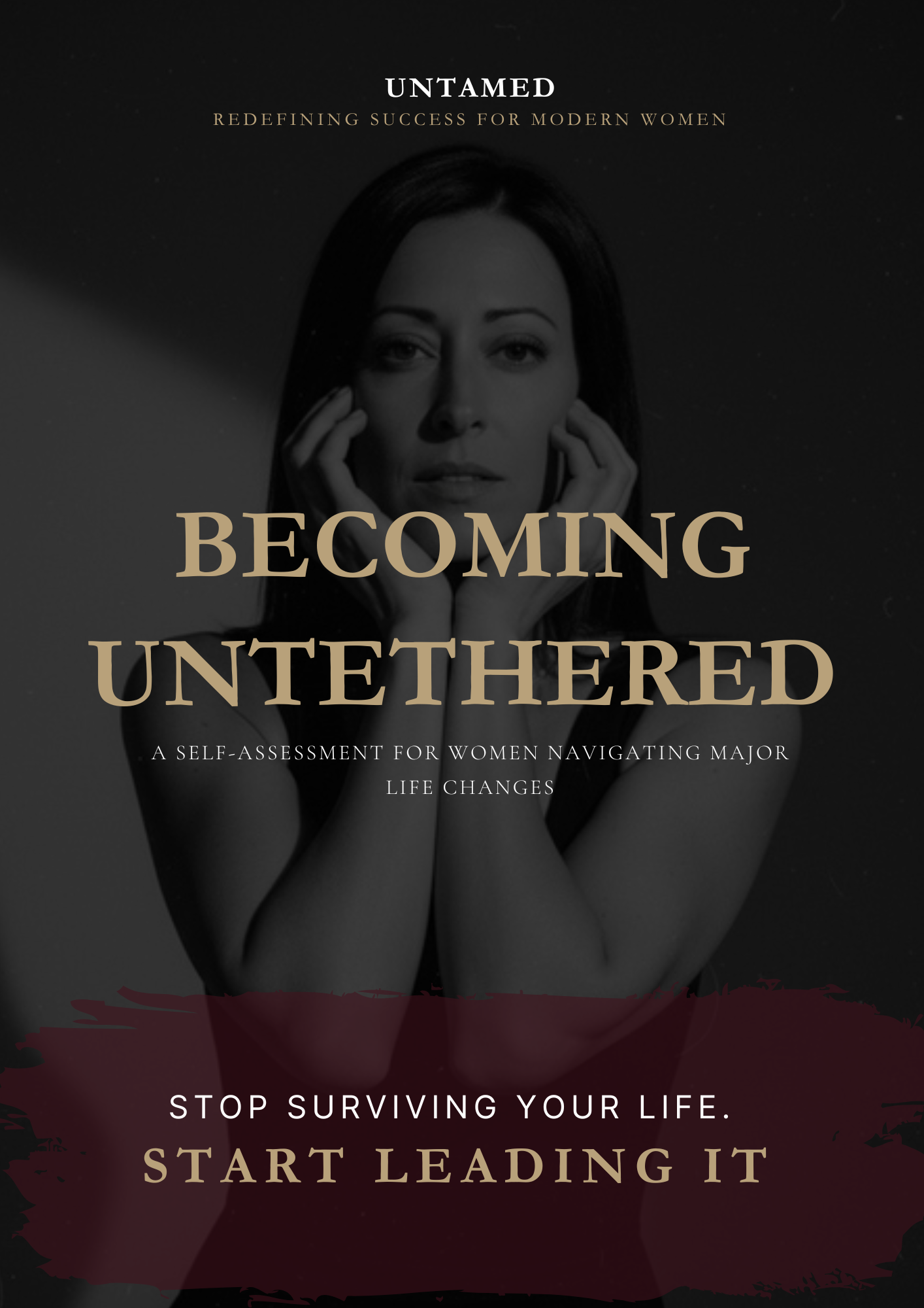 A woman with dark hair in black and white, touching her face and shoulders, on a dark background with text overlay promoting self-assessment and life change.