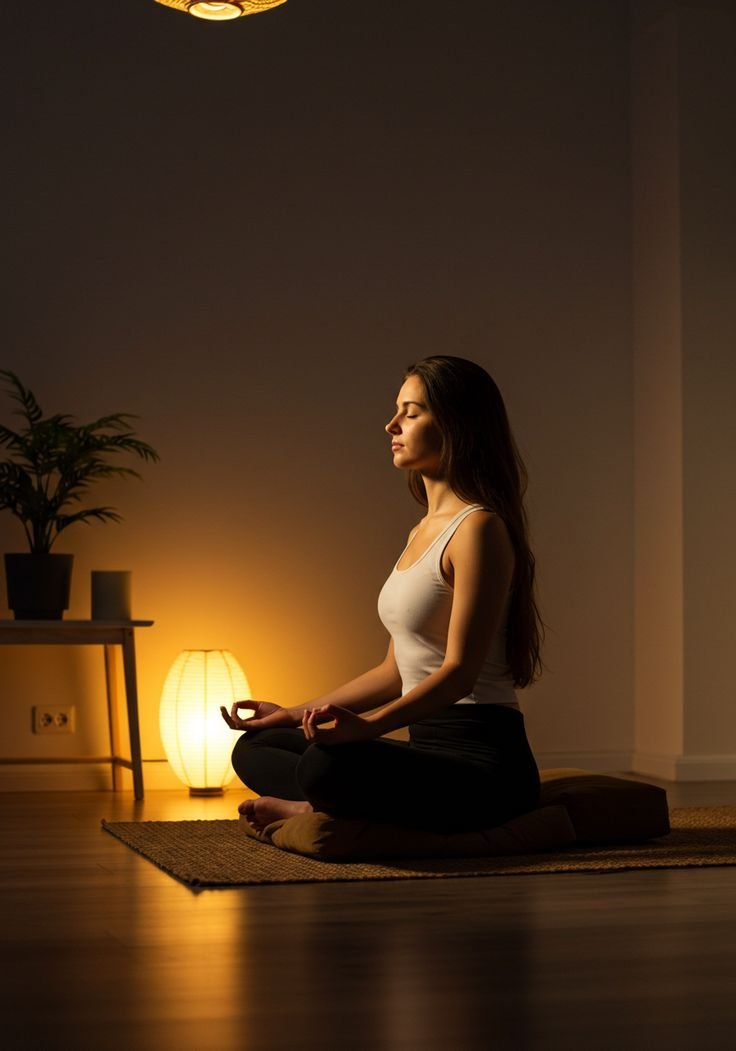 A woman practicing meditation and yoga in a dimly lit room sitting cross-legged on a cushion with her eyes closed, in front of a small table with a potted plant and a lamp.