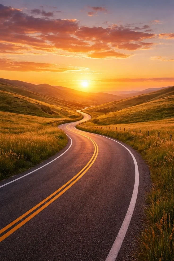 A winding road running through grassy hills during sunset, with a vibrant sky filled with orange and pink clouds.