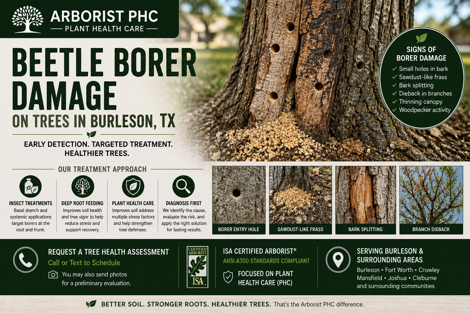 Poster from Arborist PHC about beetle borer damage on trees in Burleson, TX, showing a large tree trunk with holes and sawdust-like frass, and pictures of entry holes, sawdust-like frass, bark splitting, and branch dieback.