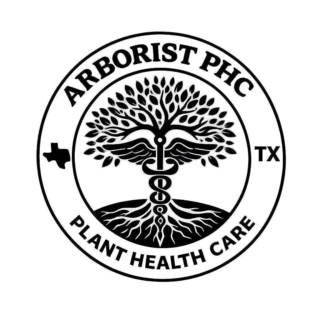 A circular logo with the text "A Arboreist PGC" at the top and "Plant Health Care" at the bottom. The logo features a tree with leaves and roots, with a caduceus (medical symbol) in the center.