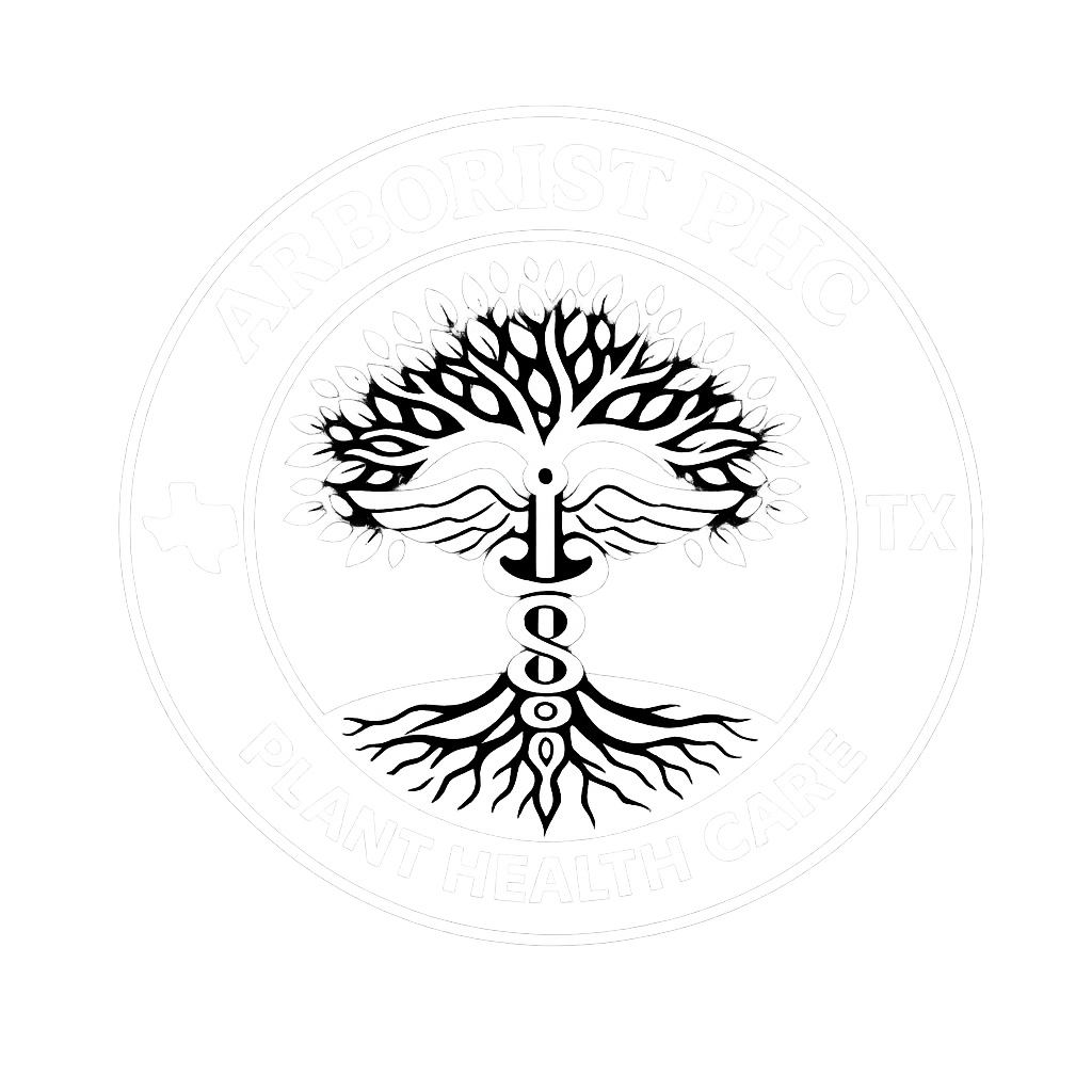 Black and white logo for Arborist PFC, a plant health care company in Texas, featuring a tree, DNA strand, and caduceus symbols.