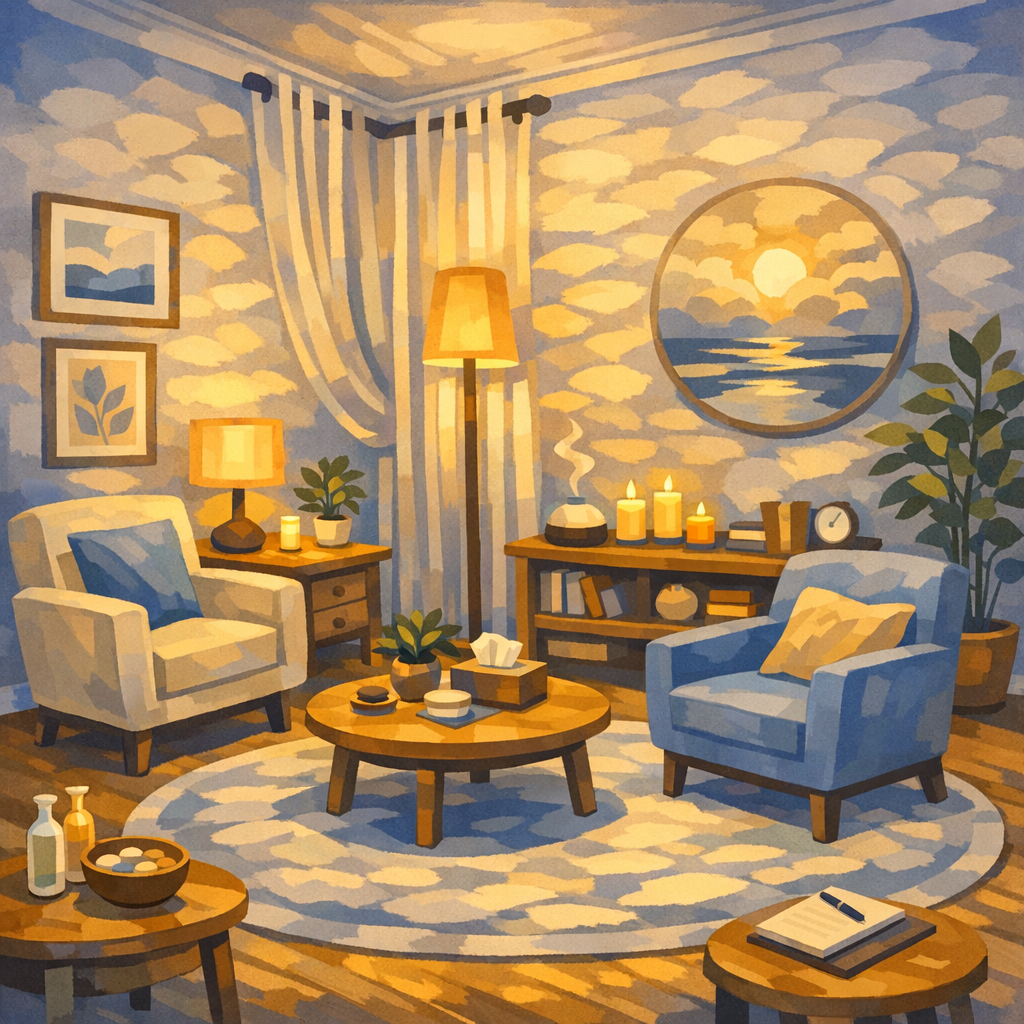 A cozy living room decorated with ocean-themed artwork and candles, illuminated by warm lamps and the glow of a sunset outside the window.