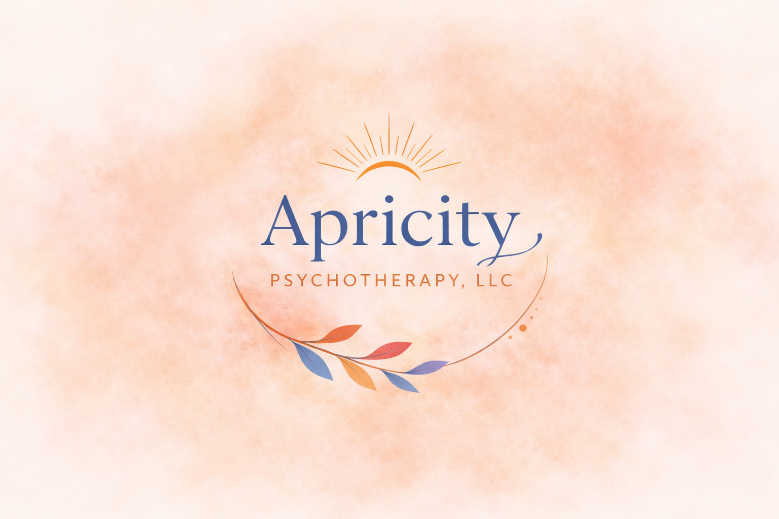 Logo for Apricity Psychotherapy LLC with a stylized sun and a leaf branch on a peach-colored background.