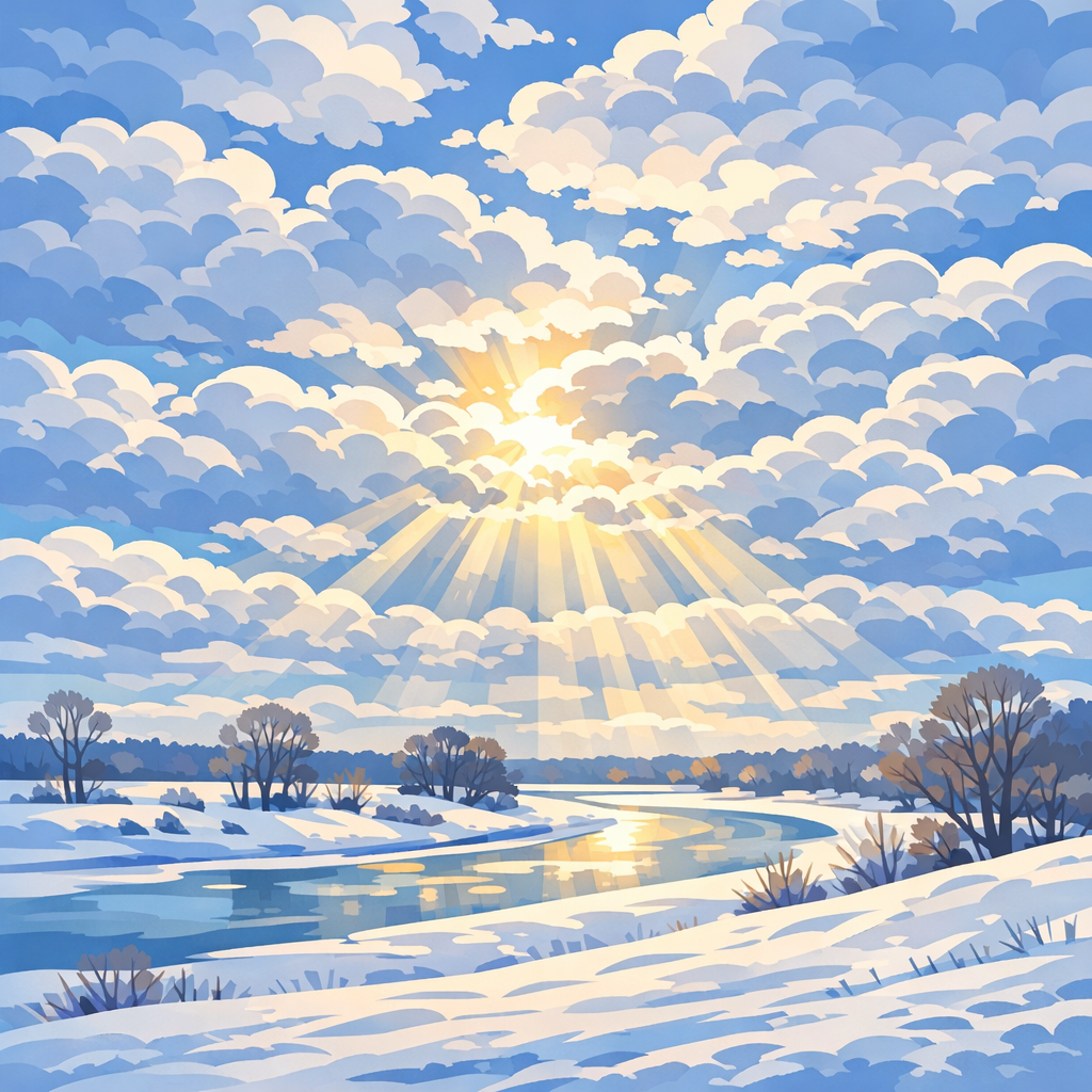 Sun shining through a partly cloudy sky over a snowy landscape with a winding river and leafless trees.