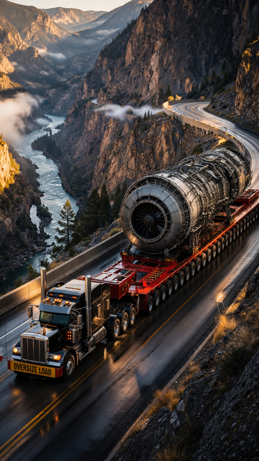 A large semi-truck carrying a giant industrial turbine on a winding mountain road with a river flowing below and mountains in the background.