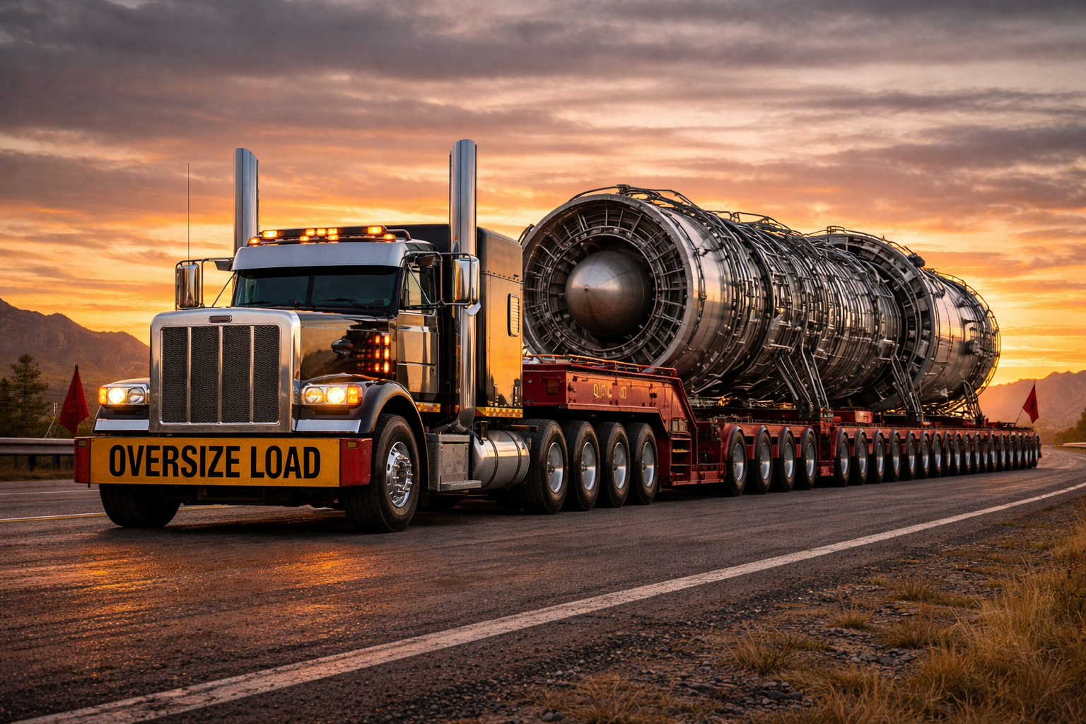 A large semi-truck with a sign reading 'Oversize Load' on its front, carrying a massive, cylindrical industrial or space-related component on a flatbed trailer, driving on a highway at sunset with mountains in the background.