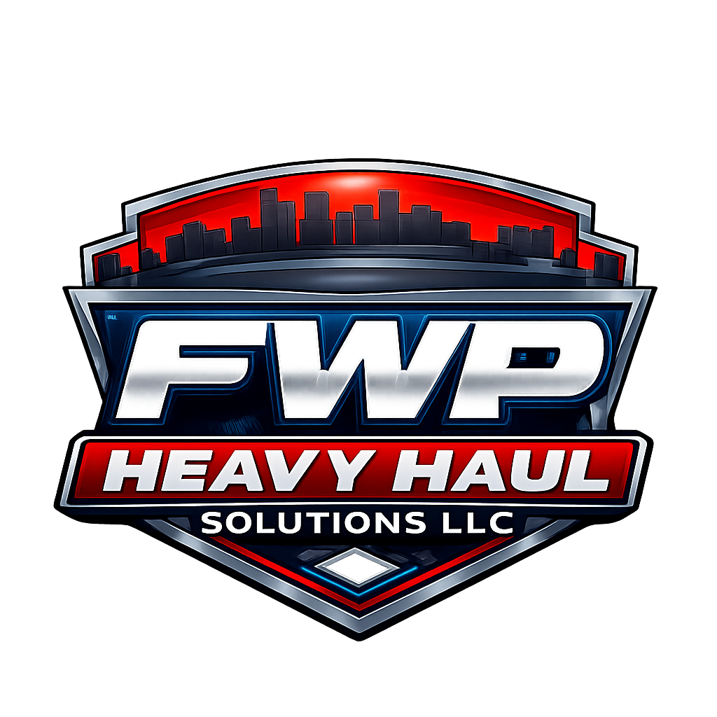 Logo for FWP Heavy Haul Solutions LLC, featuring a stylized city skyline with a red background, and bold metallic text.