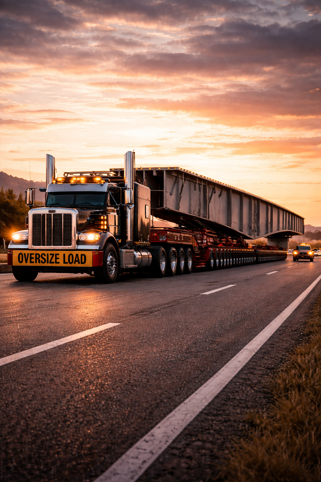 A large semi-truck carrying an oversize load on a highway at sunset with dramatic sky and surrounding landscape.