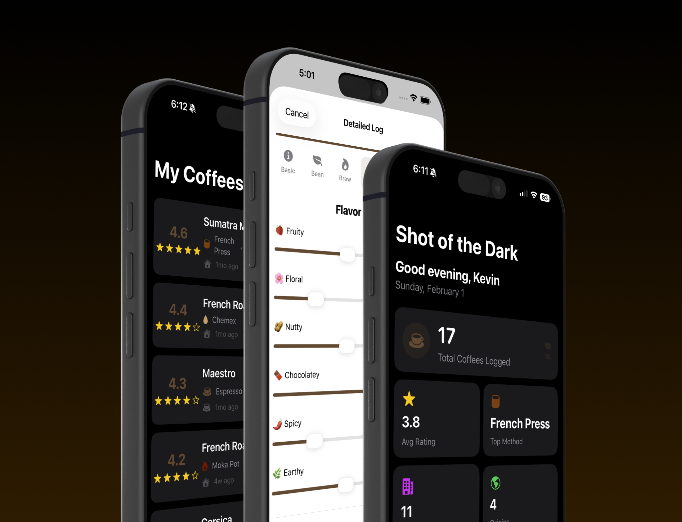 Three smartphone screens display a coffee tracking app interface with lists of coffee types, flavor settings, and daily logged coffee counts.