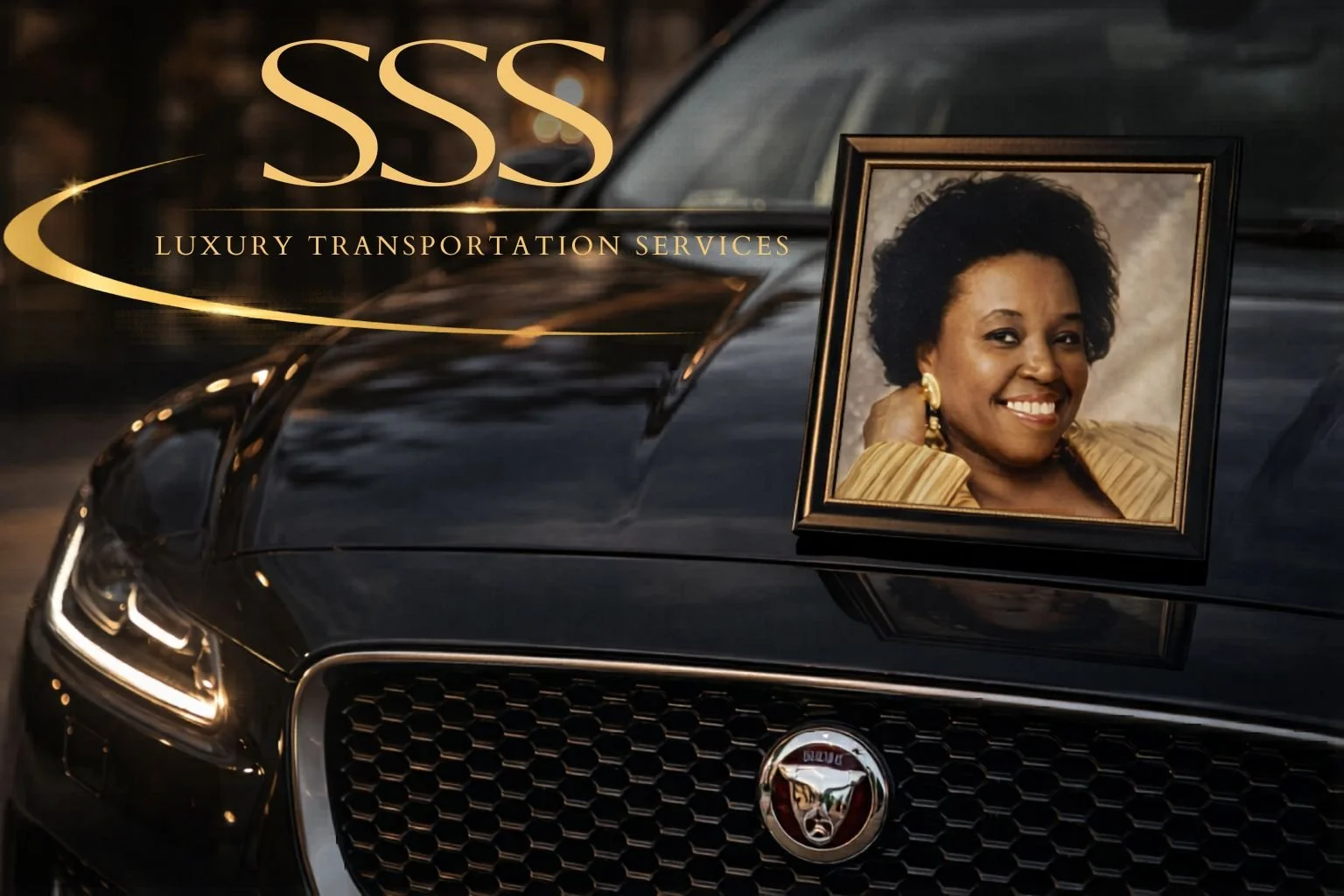 A luxury black car with the logo of Jaguar on the front grille. On the hood of the car, there is a framed photograph of a smiling woman with short curly hair, gold earrings, and a gold-striped top, along with the text "SSS Luxury Transportation Services."