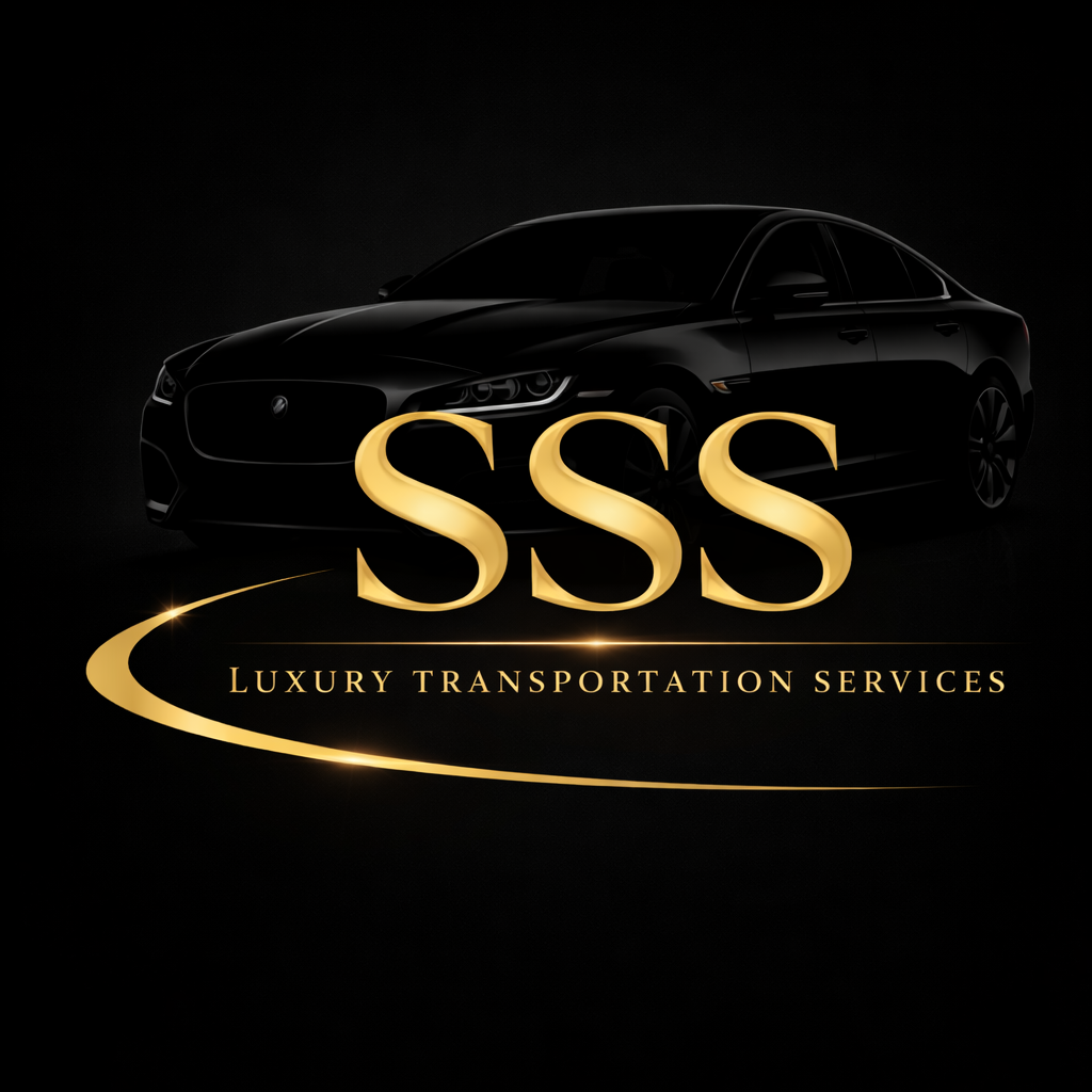 Black luxury sedan car silhouette with gold text 'SSS' and 'Luxury Transportation Services' on a dark background.