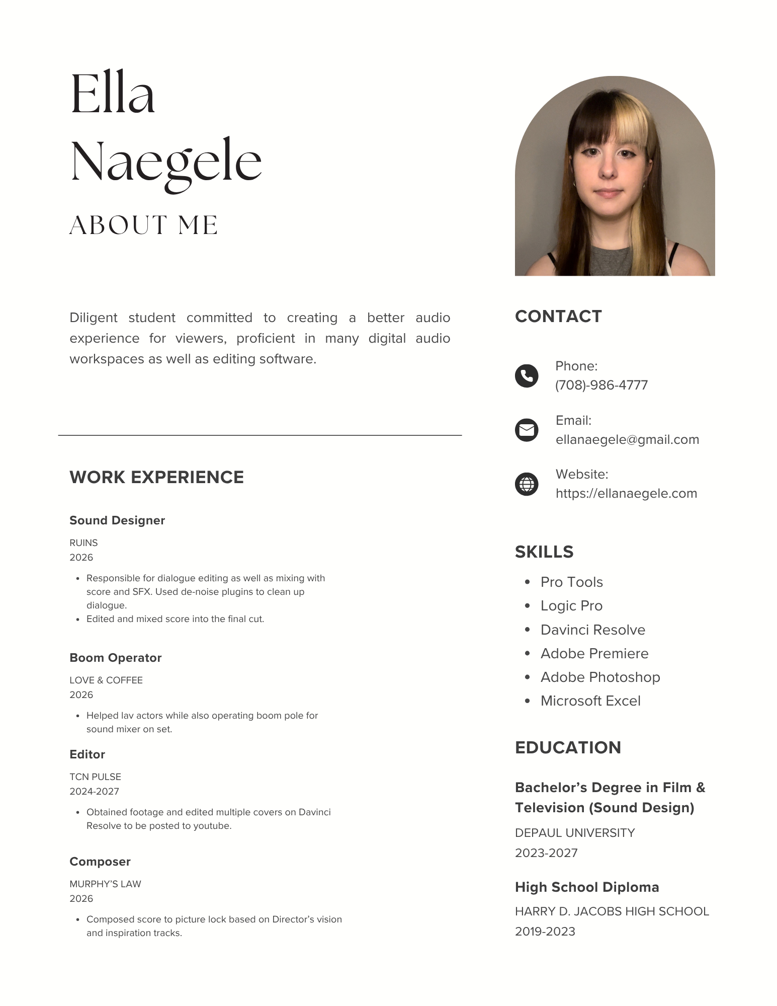 A resume or CV of a young woman named Ella Nagle, including her photograph, contact information, skills, work experience, education, and details of her high school diploma.