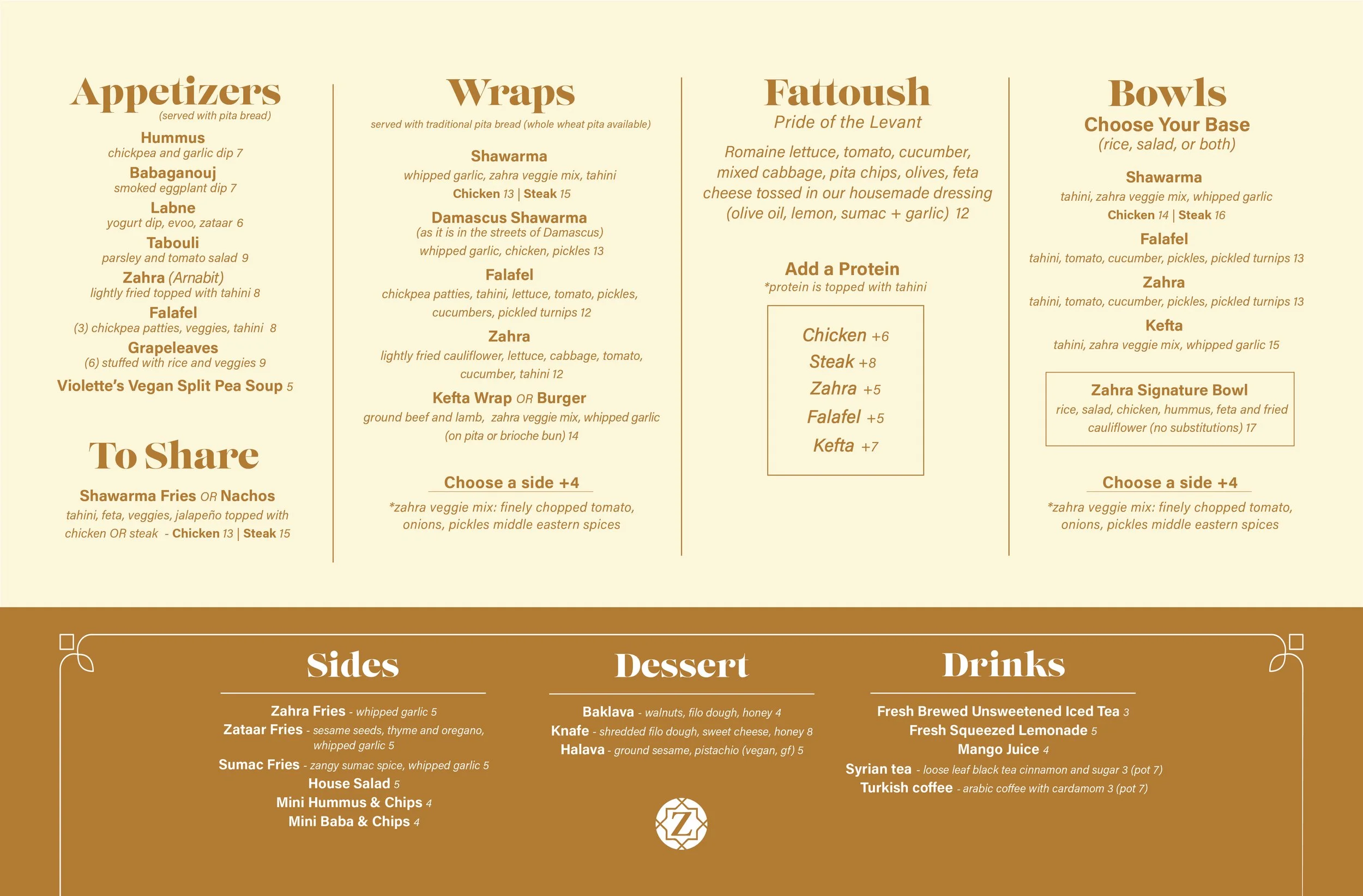 A menu featuring appetizers, wraps, fatoush, and bowls with various Middle Eastern dishes and prices.