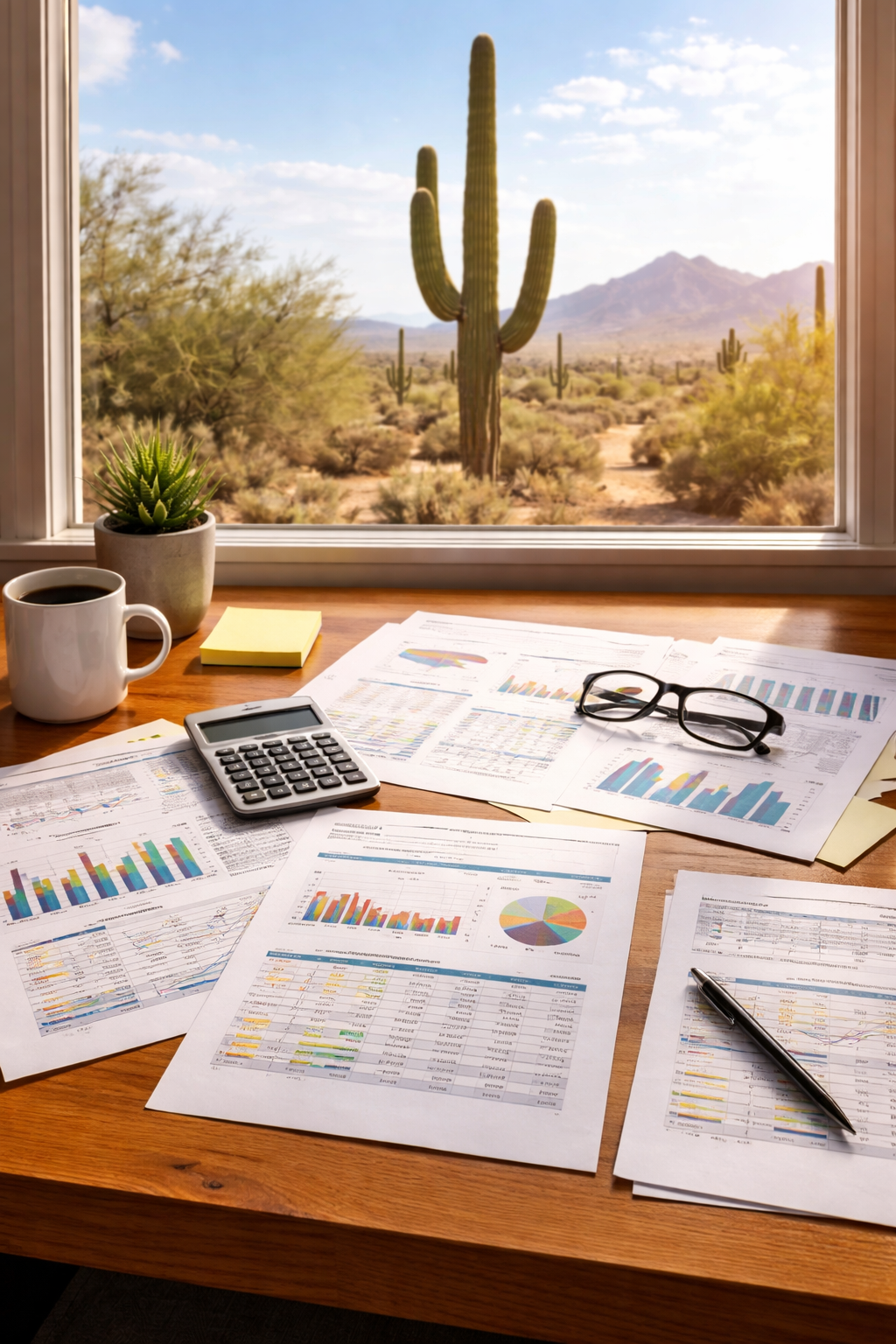 A desk with financial documents, a calculator, glasses, a coffee mug, sticky notes, a pen, and a small potted plant, with a desert landscape featuring a large cactus outside the window.