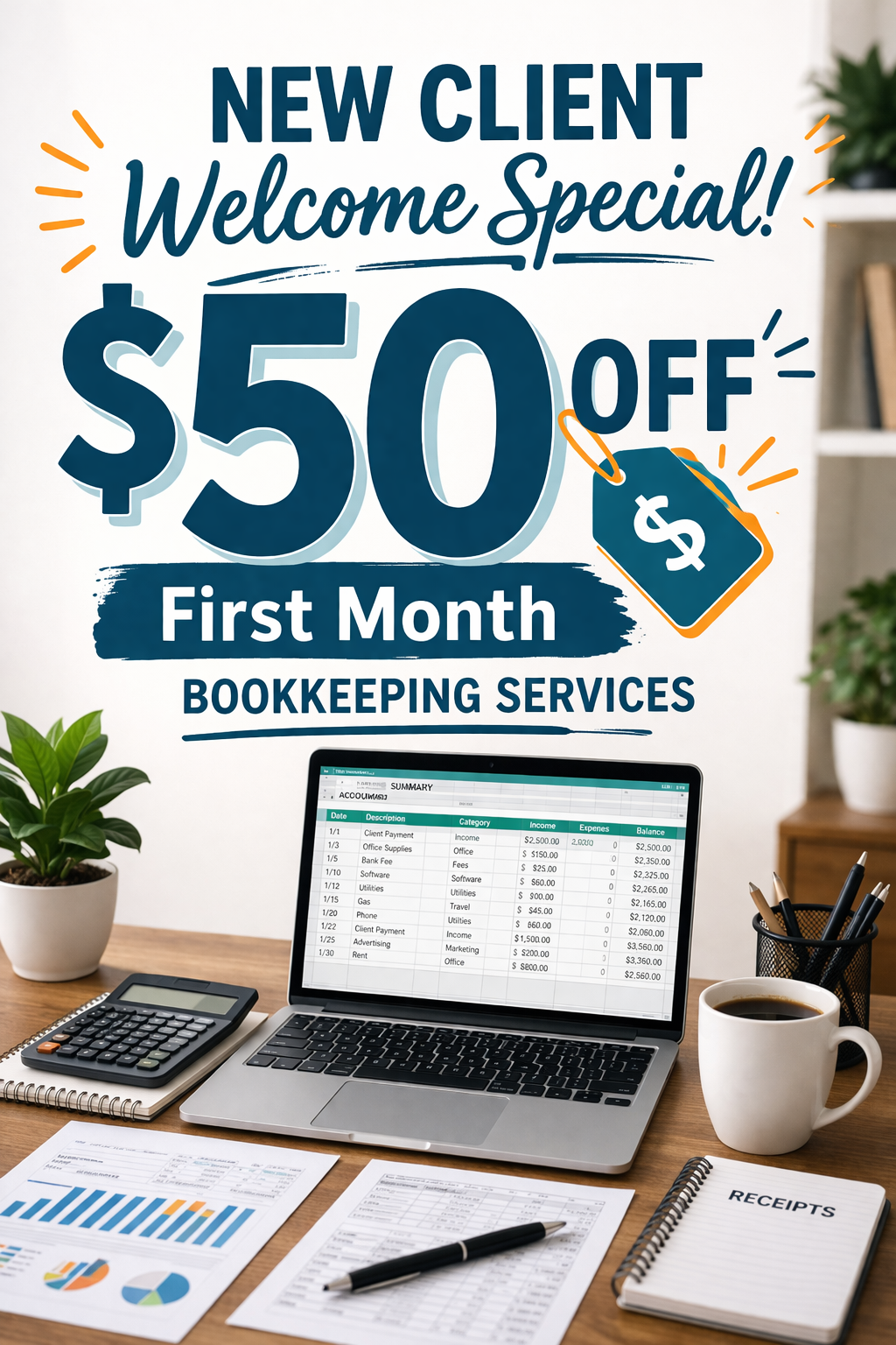 New Client Special.

Best for small businesses with low transaction volume.

Cash-basis bookkeeping using data from your bank and credit cards.

Standard chart of accounts.

Accurate monthly books and year-end tax-ready financial packages.

P&L & Bal