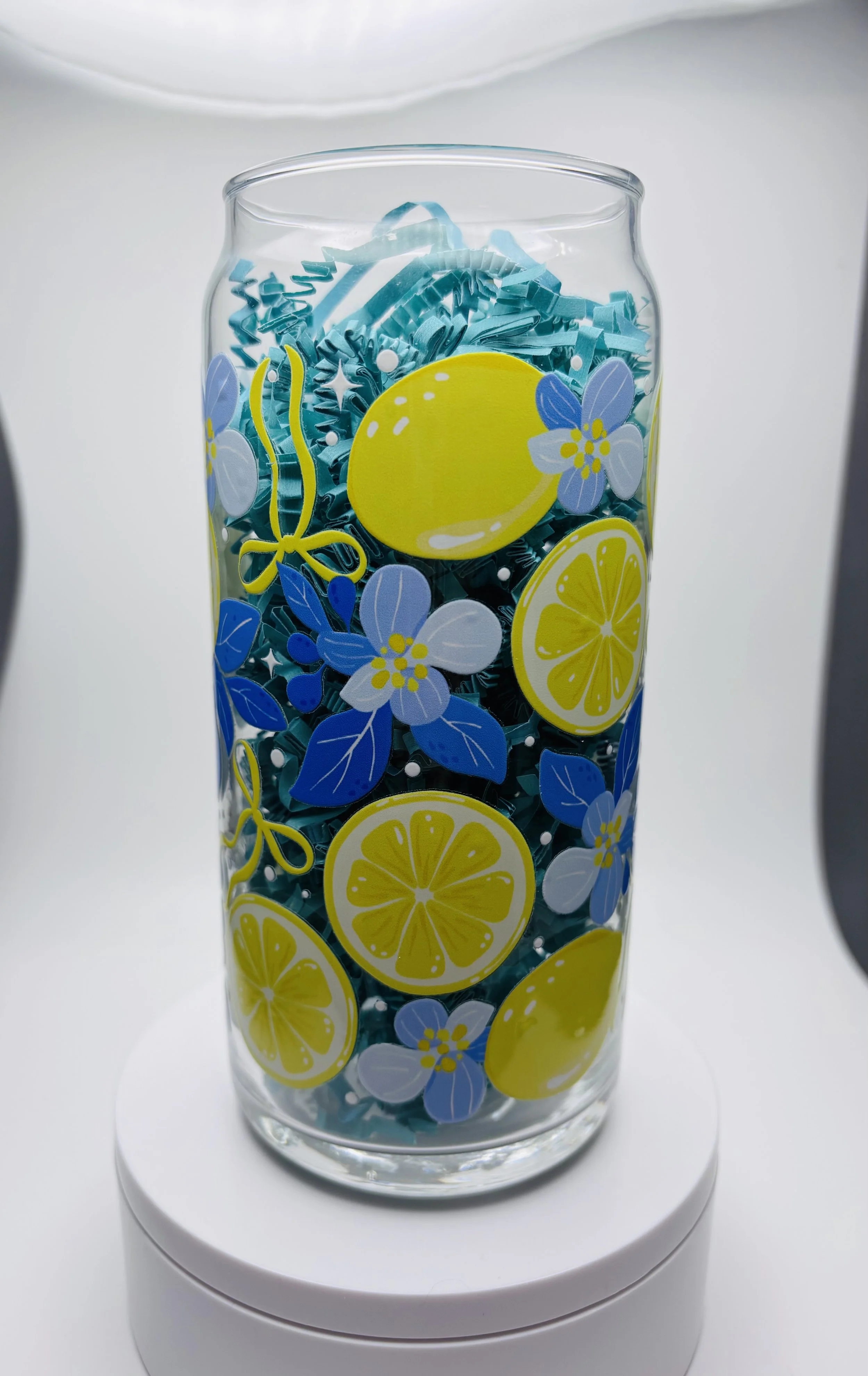 Lemon & Blue Floral Glass Can