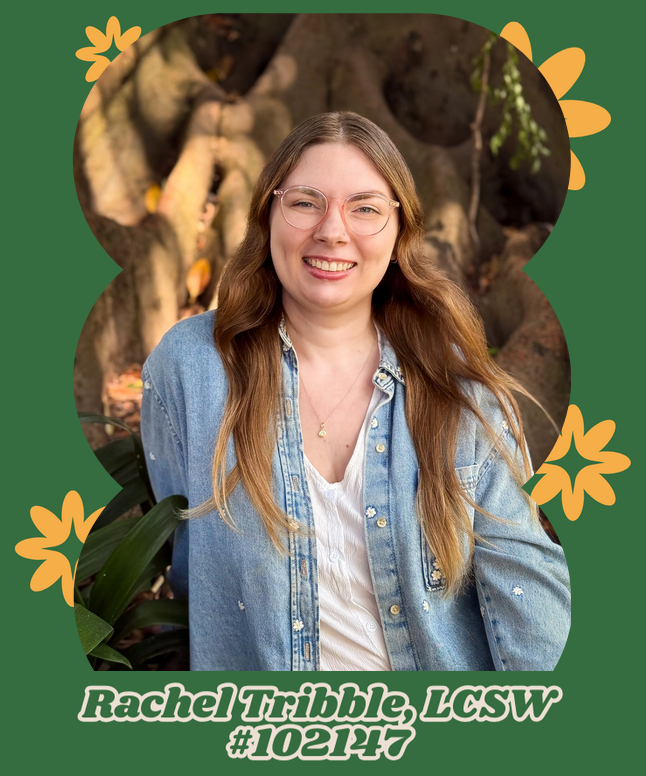 A woman with long, wavy light brown hair, glasses, smiling in an outdoor setting with trees in the background, wearing a denim jacket over a white top, with decorative yellow flowers surrounding her in a digital design.