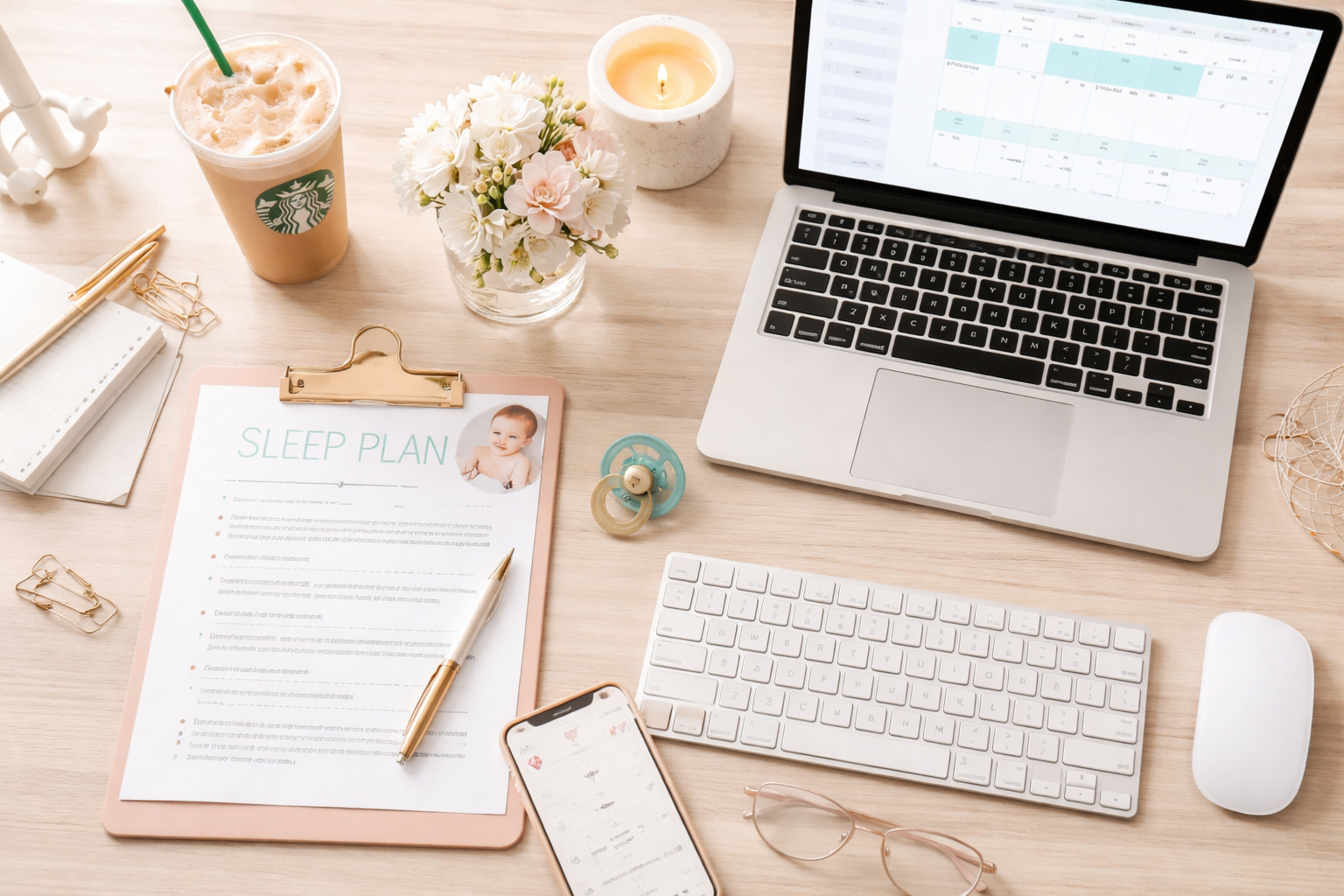 A tidy workspace with a laptop displaying a calendar, a wireless keyboard, a mouse, a mobile phone, a sleep plan document with a pen, a pacifier, a cup of iced coffee, a lit candle, a bouquet of flowers, and gold paper clips on a light wooden desk.