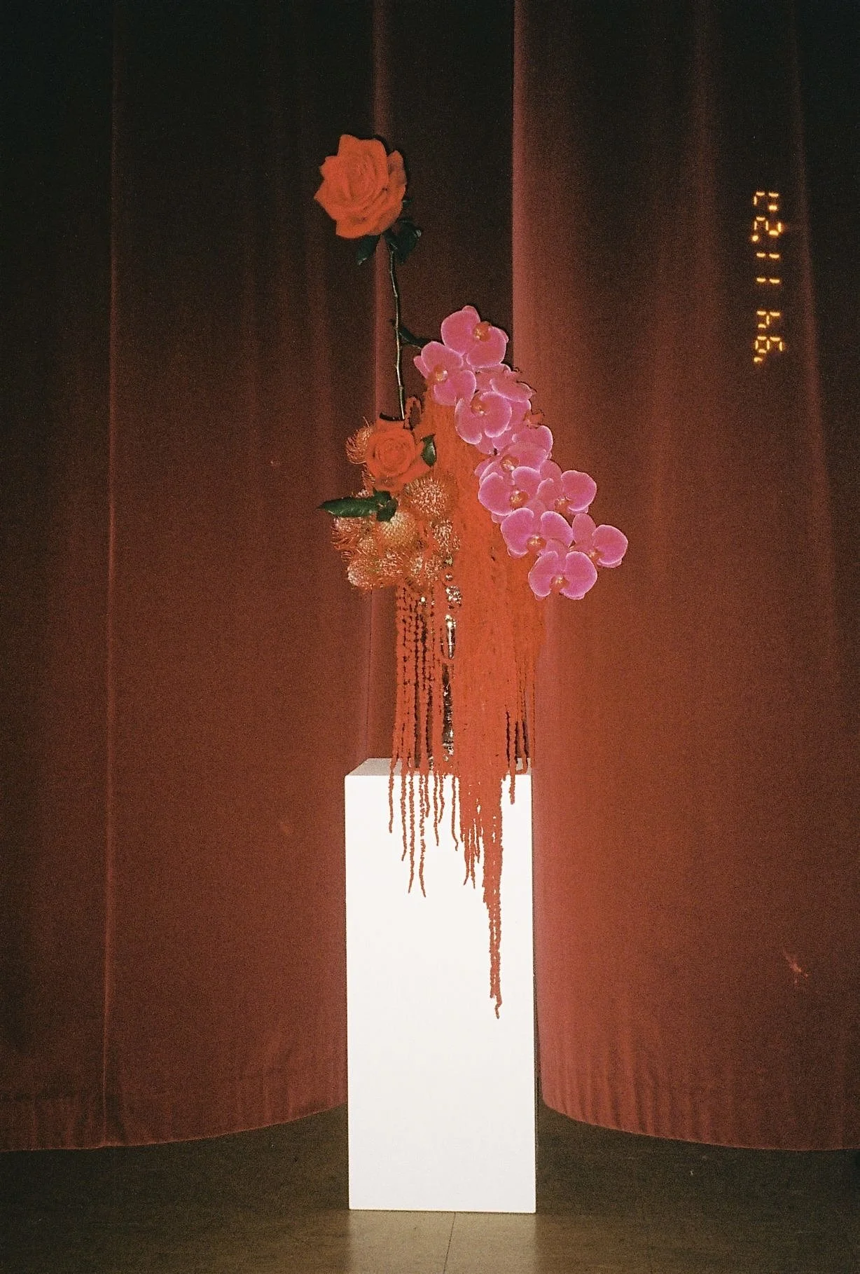 A sculptural floral plinth arrangement featuring roses,  orchids and cascading amaranthus, designed and styled by Bloomin Heck for Melbourne Fashion Week.