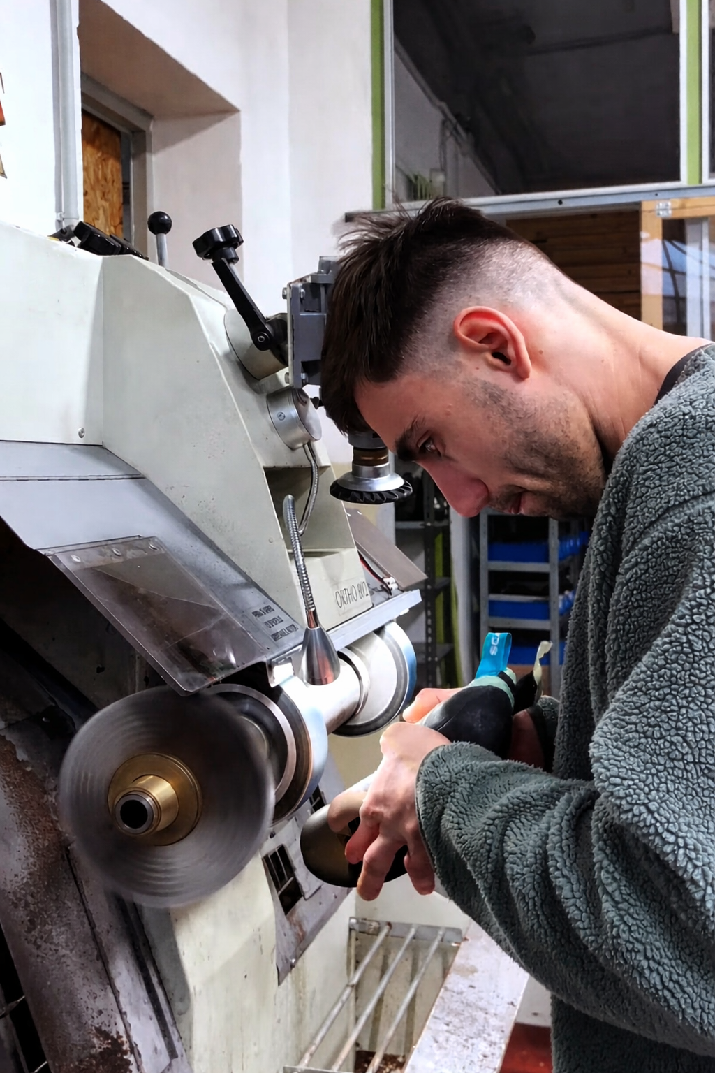 A man is working with a shoe finishing machine.