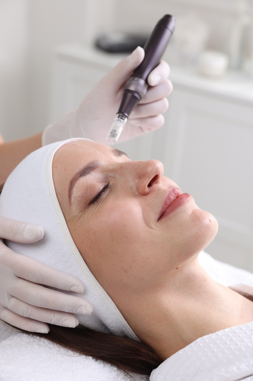 Client receiving a microneedling treatment in a professional clinic setting.