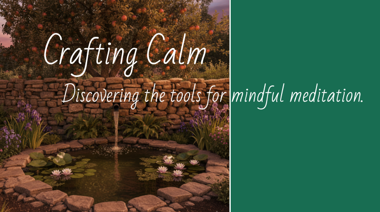The image features a garden pond surrounded by rocks, with blooming water lilies, and a stone wall with trees and flowers in the background. The text on the image reads 'Crafting Calm: Discovering the tools for mindful meditation.'