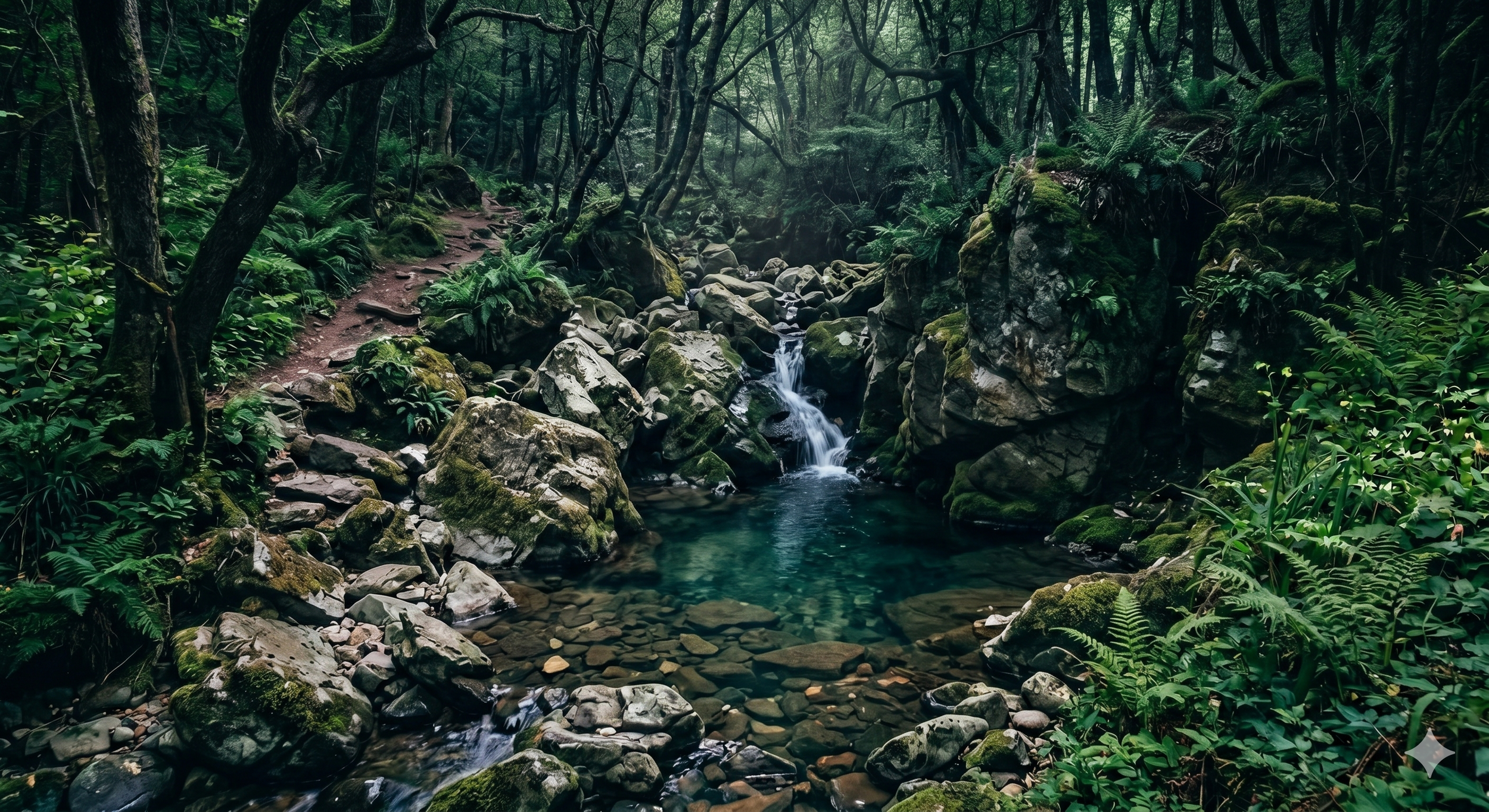 A lush green forest with a small stream flowing through rocks surrounded by dense vegetation and trees.