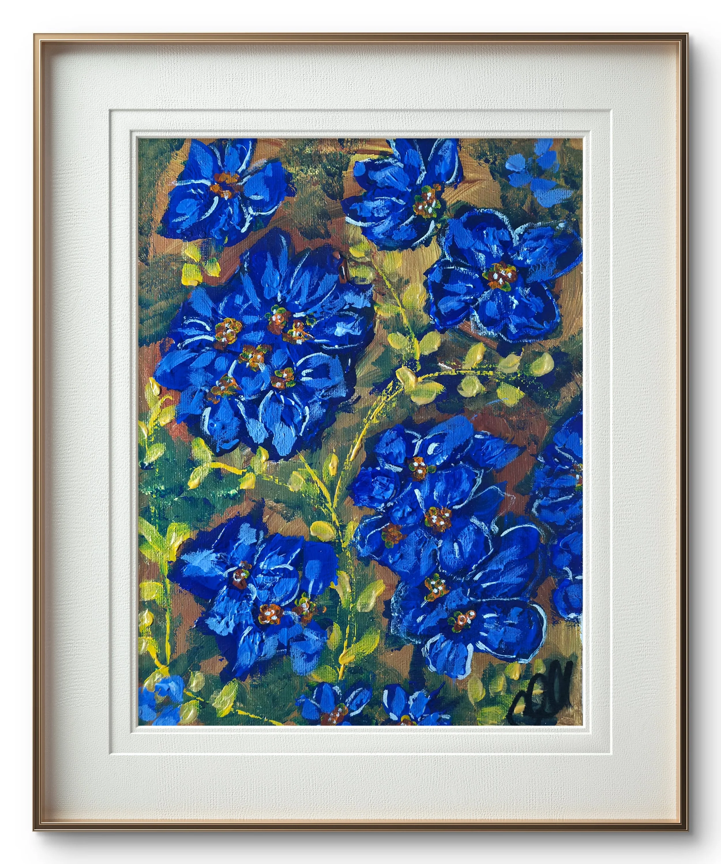 Diptych Blue flowers and gold leaves
Size 23x31cm
Acrylic ink and acrylic paint 