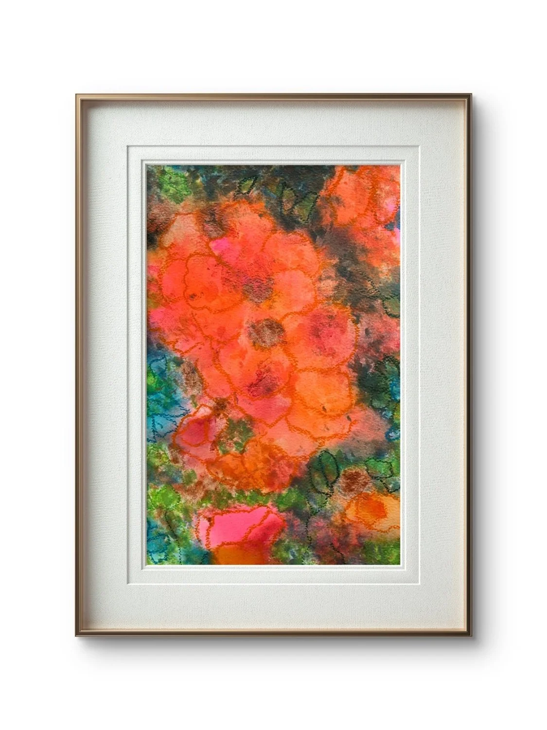 Bright orange and pink flowers
Size A3
Acrylic ink and oil pastel
300gsm cotton paper 