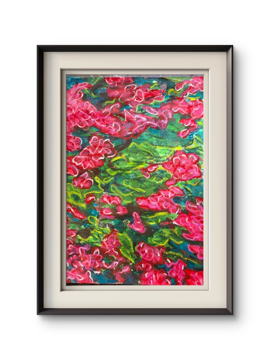 Pink flowers
Size A3
Acrylic ink and oil pastel
300gsm cotton paper 