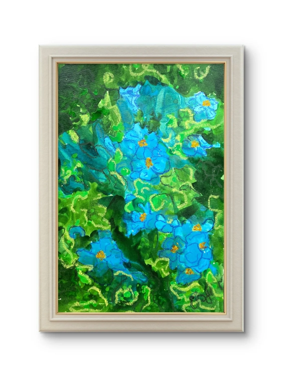 Blue blooms
Size A3
Acrylic ink and oil pastel
300gsm cotton paper 