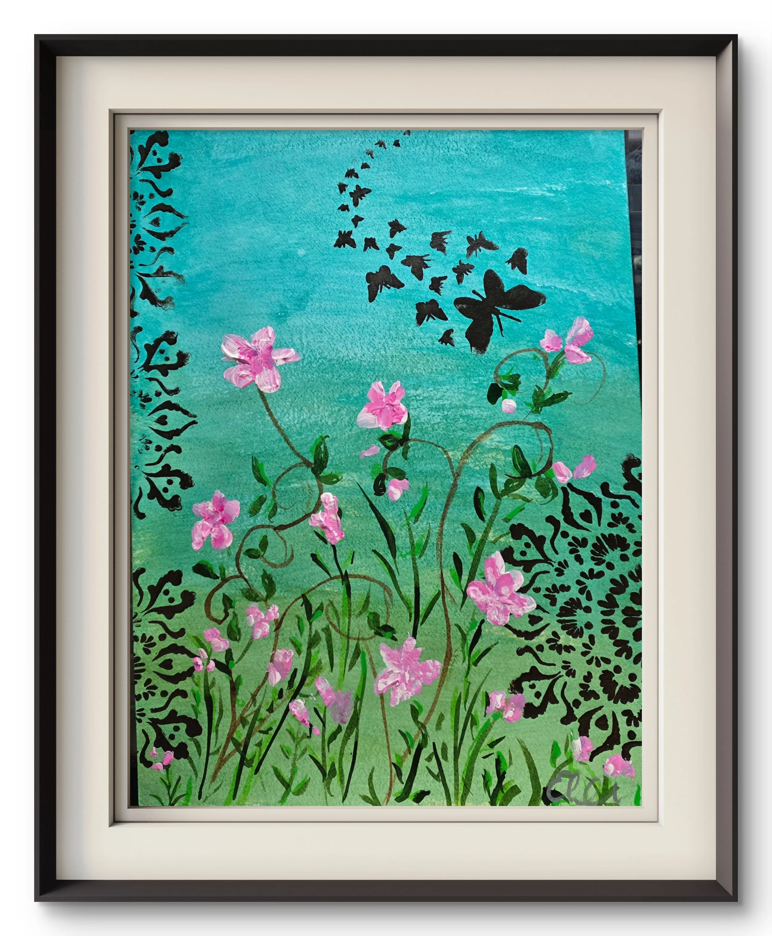 Impatients and butterflies
200gsm cotton paper 
Acrylic in and acrylic paint
Size A3