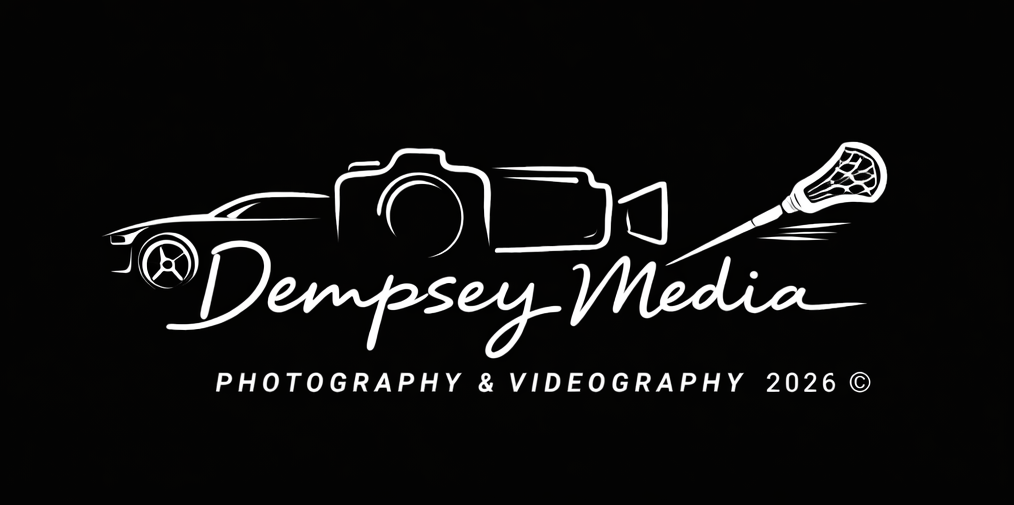 Logo with a sports car, camera, and lacrosse stick, featuring the text "Dempsey Media Photography & Videography 2026 ©".