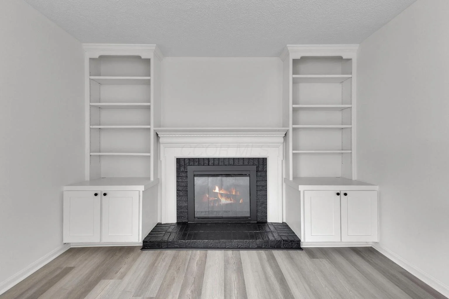 Living room with a white fireplace, black brick surround, and built-in white bookshelves on each side, empty shelves, light wood flooring, and white walls.