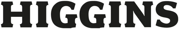 Close-up of the word 'HIGGINS' in bold black capital letters.