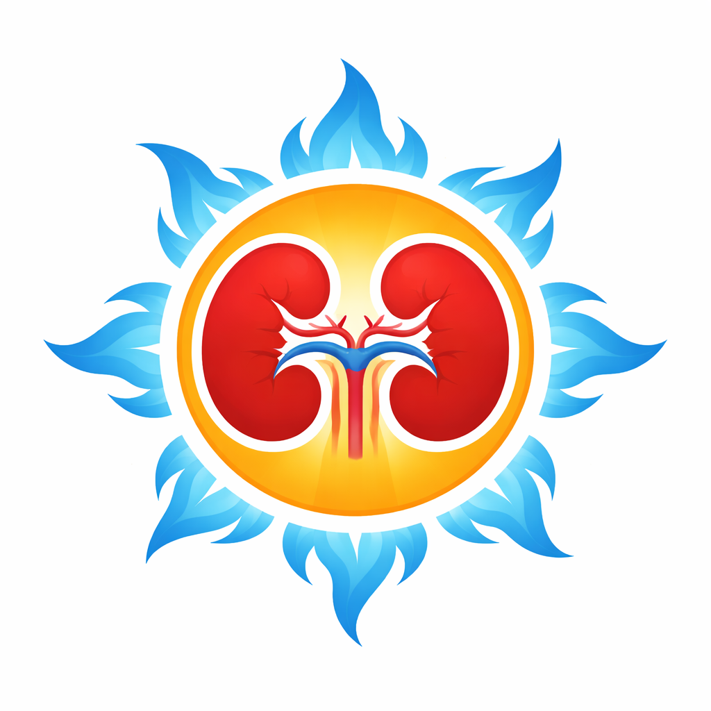 Illustration of human kidneys with a sun and flame design surrounding them, symbolizing warmth and health.