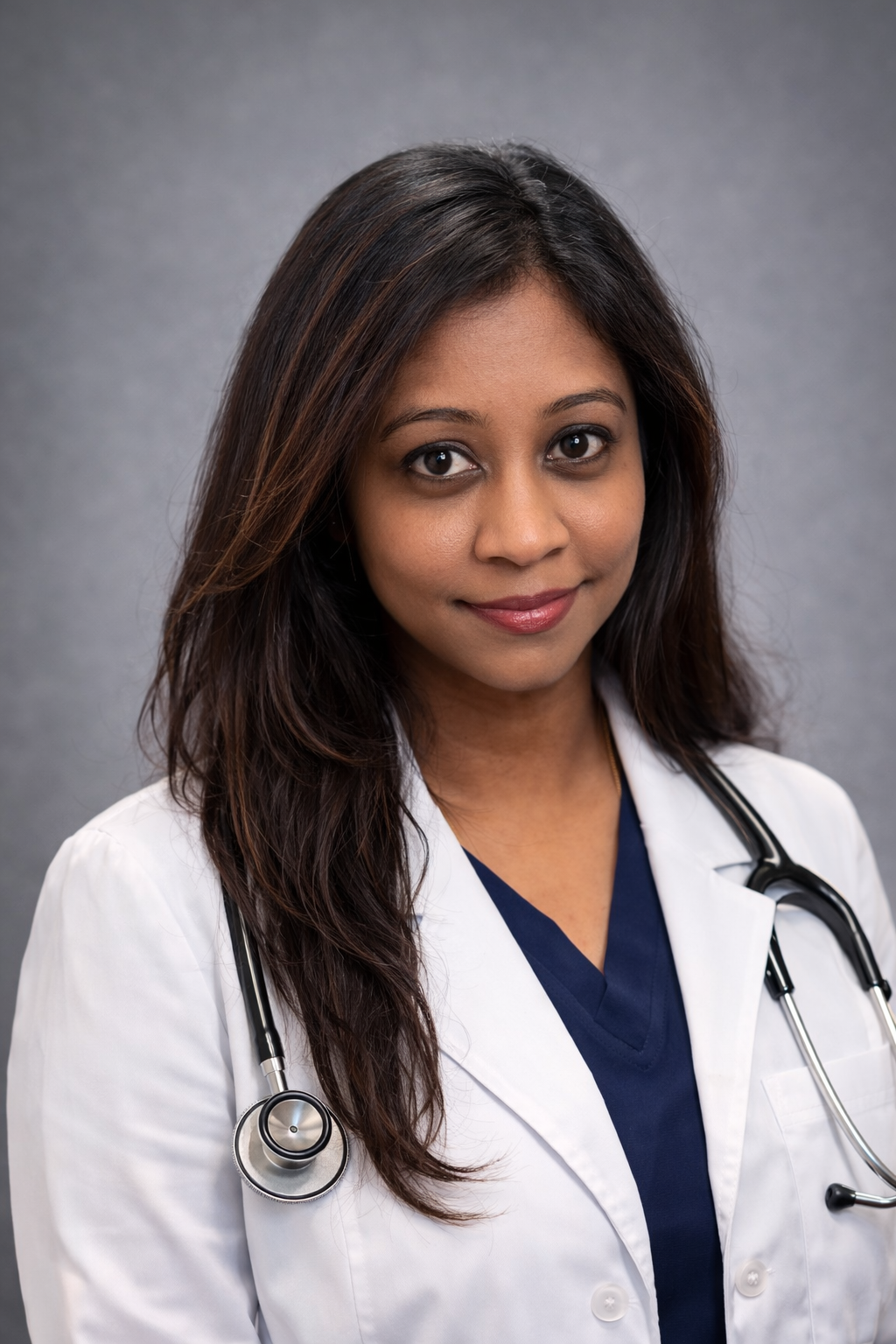 A female doctor with dark hair and a stethoscope around her neck, wearing a white coat and dark blue scrubs, standing against a gray background.