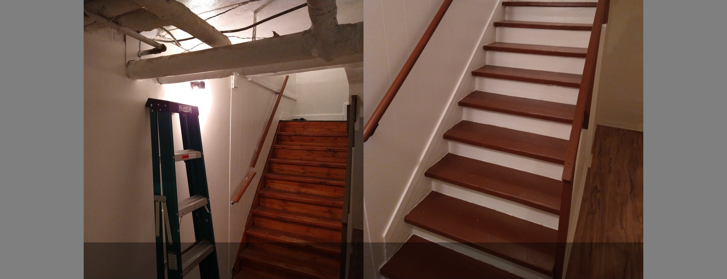 Before and after pictures of the remodeling and painting of a staircase Mike did for a client