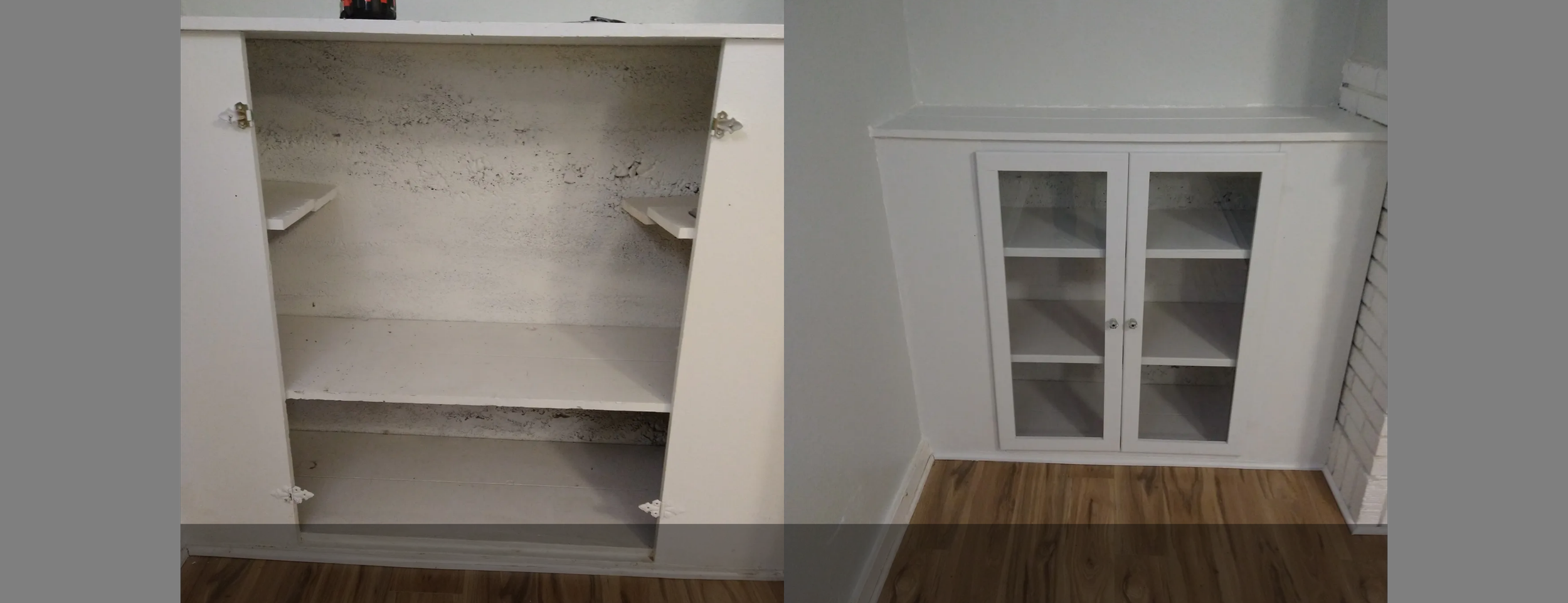 Before and after pictures of a cabinet remodel and painting Mike did for a client