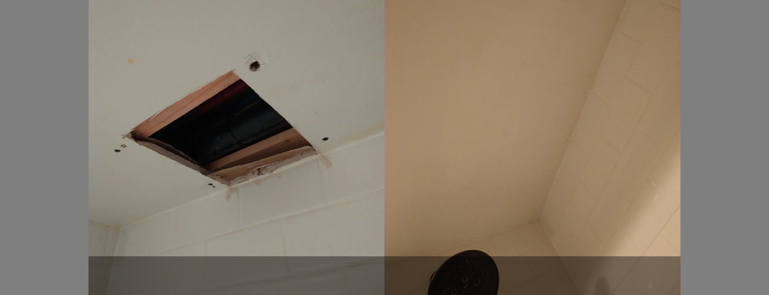 Before and after pictures of a ceiling patch job Mike did in a client's shower