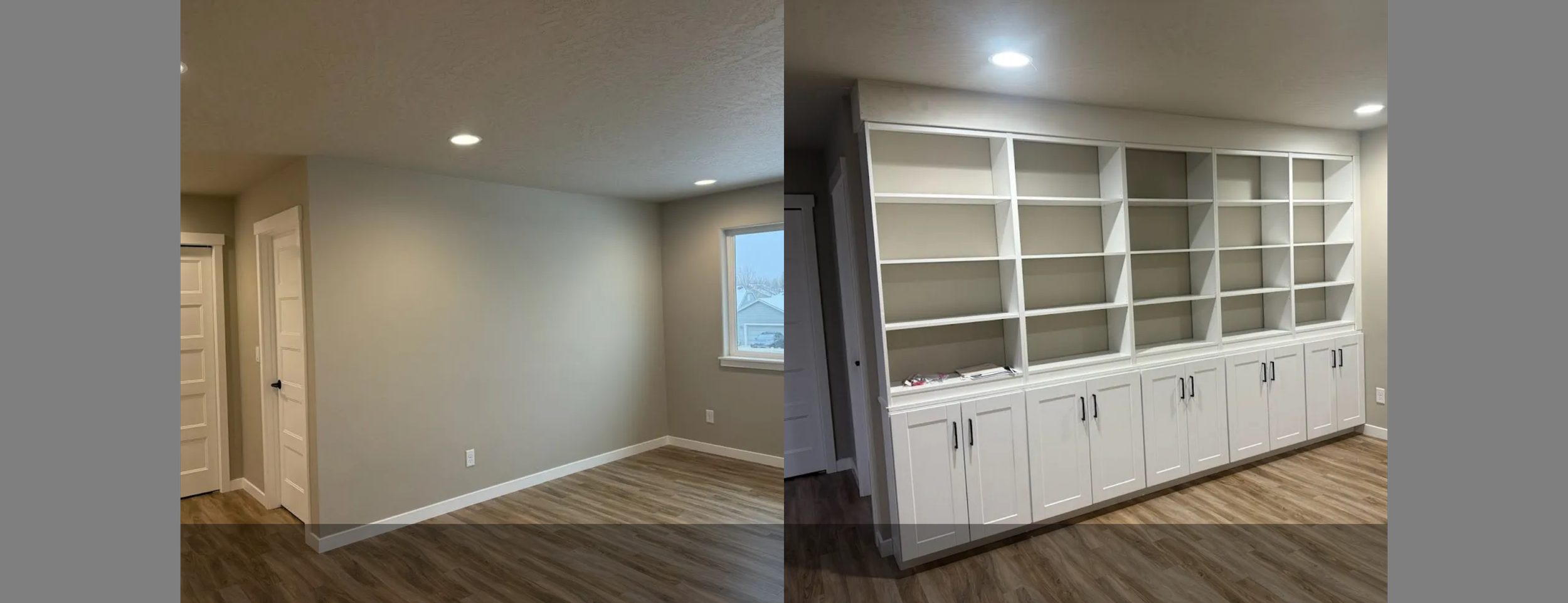 Before and after pictures of a custom made set of cabinets and shelves Mike built and installed for a client