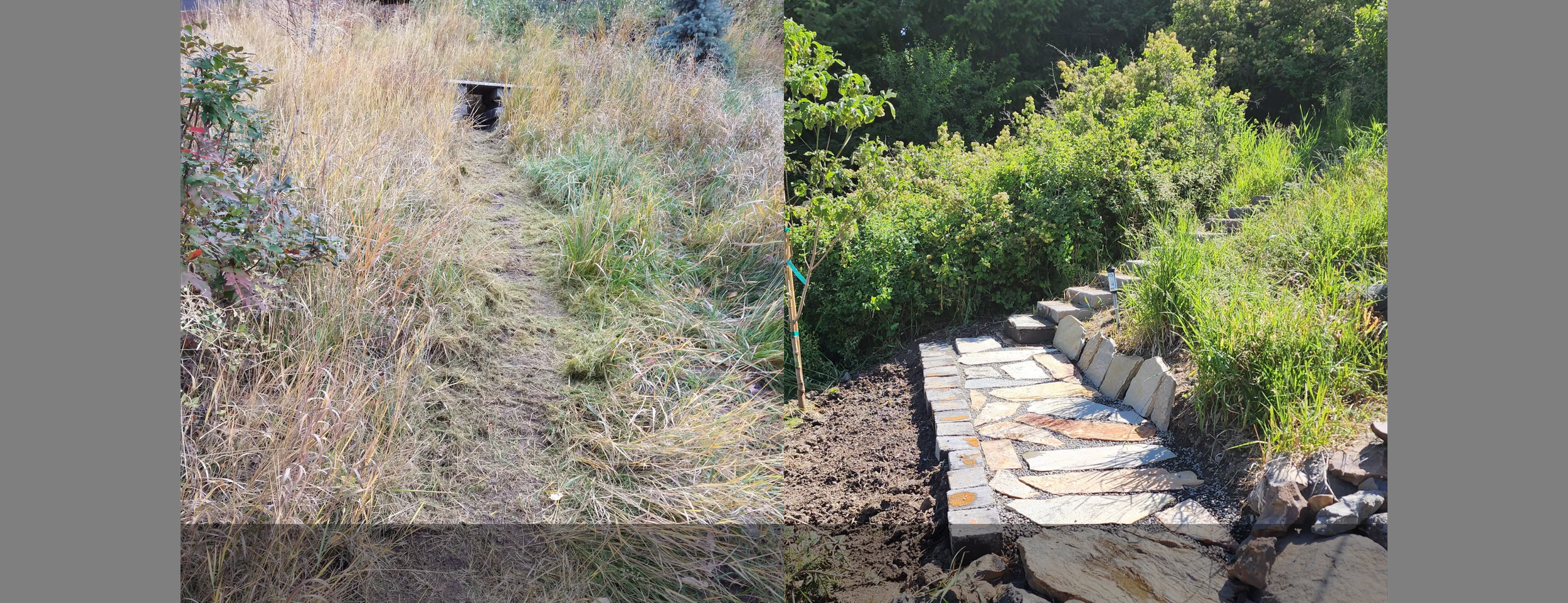 A before picture of a hillside where Mike installed a flagstone path, and the bottom of the path which he also installed