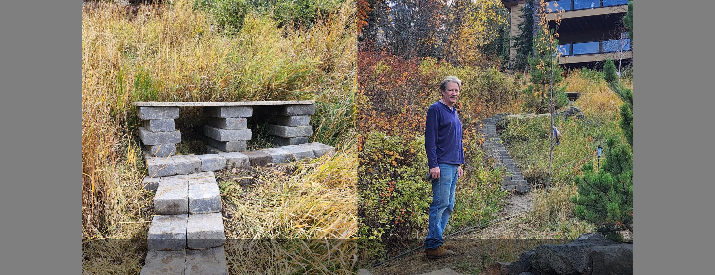 A picture of the top of the flagstone path Mike installed for a client, as well as a picture of him standing next to the completed product