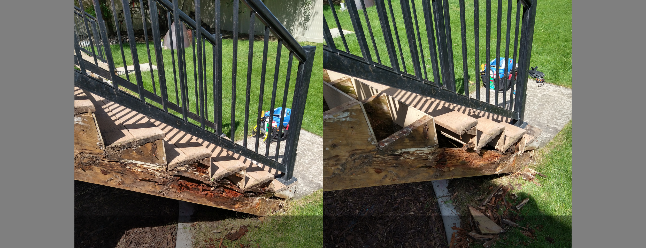 Before pictures of a rotted away outside staircase that Mike repaired for a client